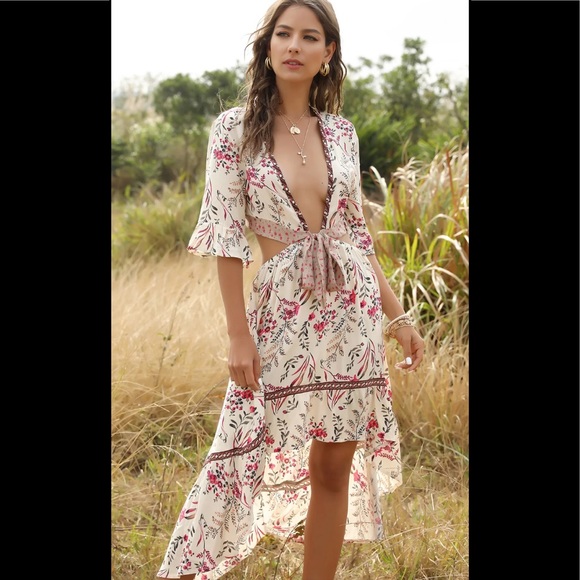 Bea Cali Dresses & Skirts - (Last 1)Boho cream floral print ruffle cutout dres